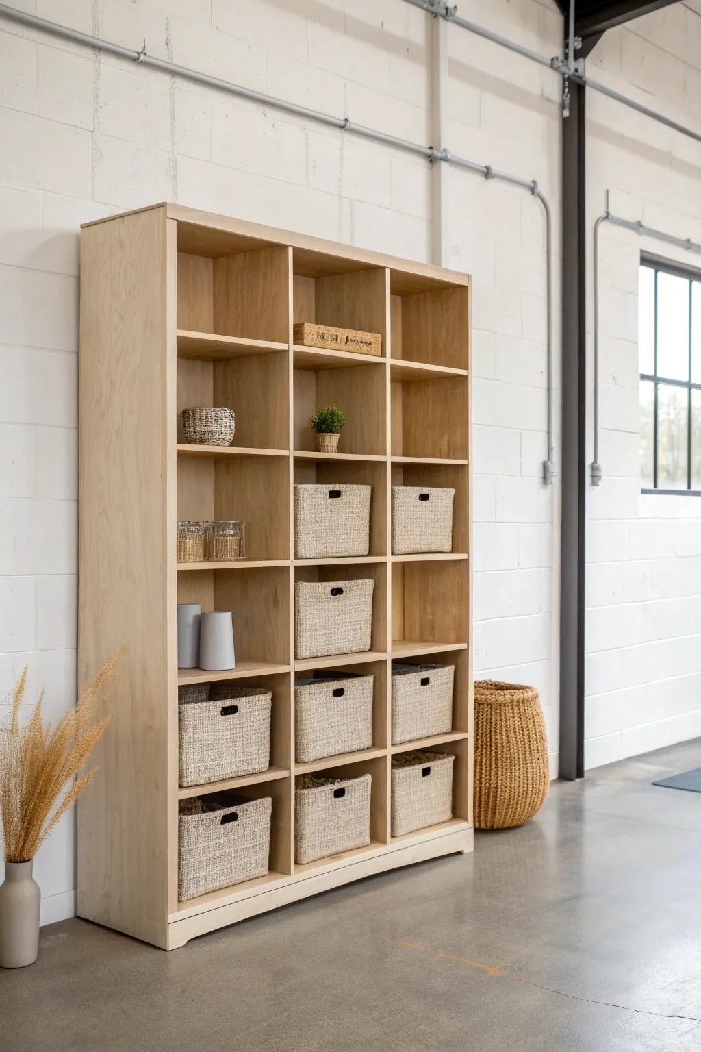 Birch plywood perimeter shelves keep a pole barn gym clutter-free while staying airy and minimal.