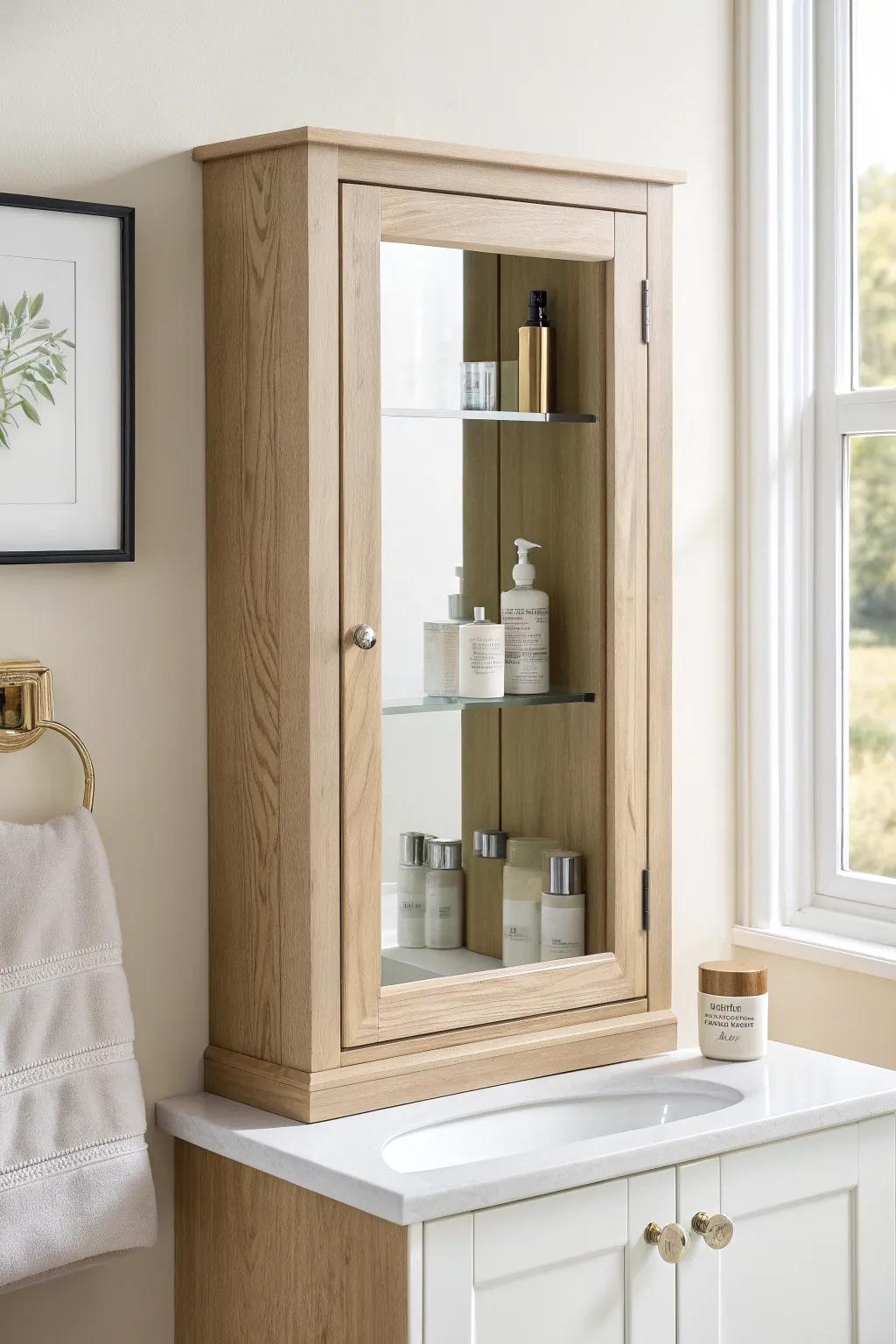 Slim oak mirror cabinet with hidden shelves—quiet, clutter-free storage for the tiniest powder room.