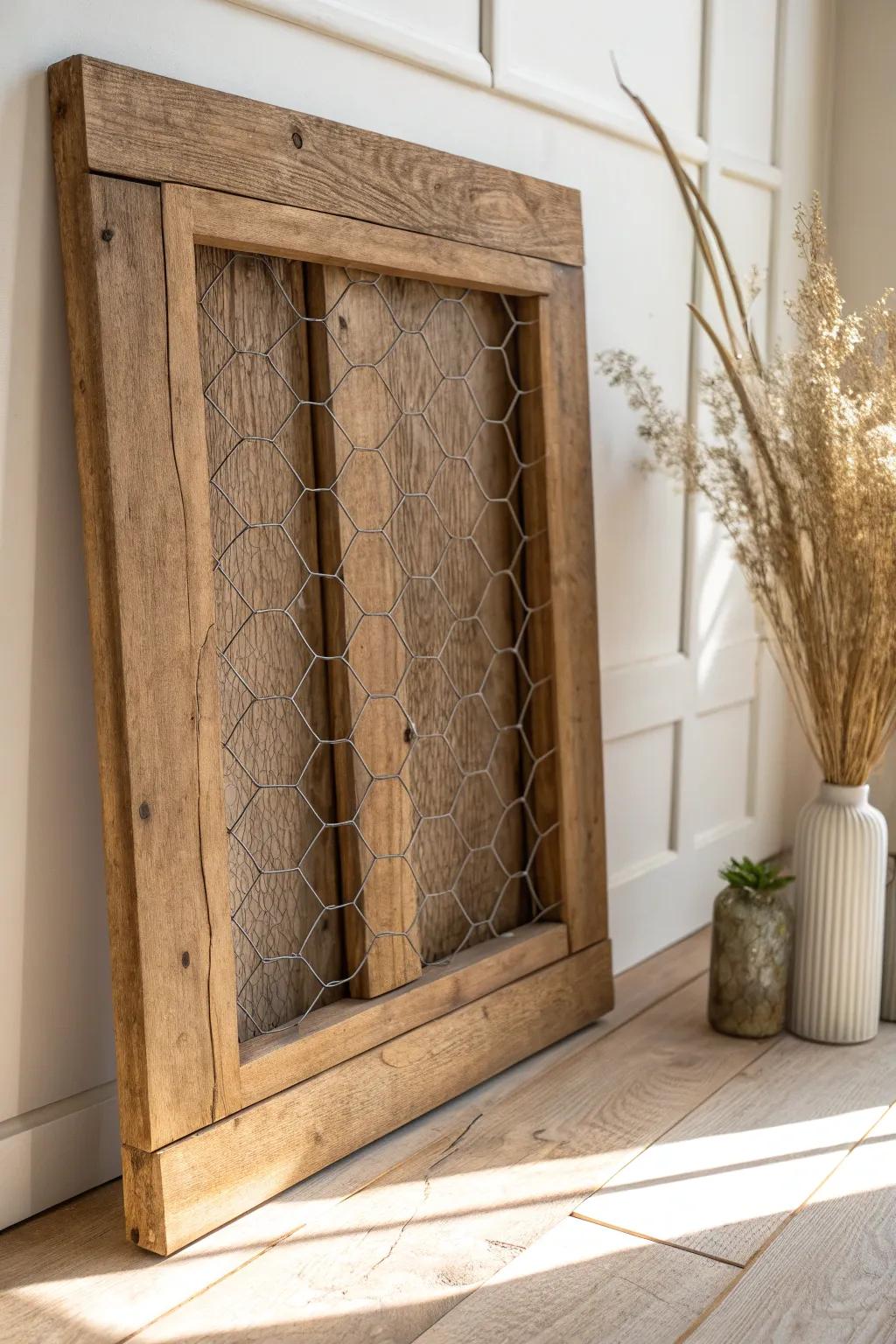 Chunky smoky-stained wood frame with chicken wire—easy primitive wall texture with boho stems.