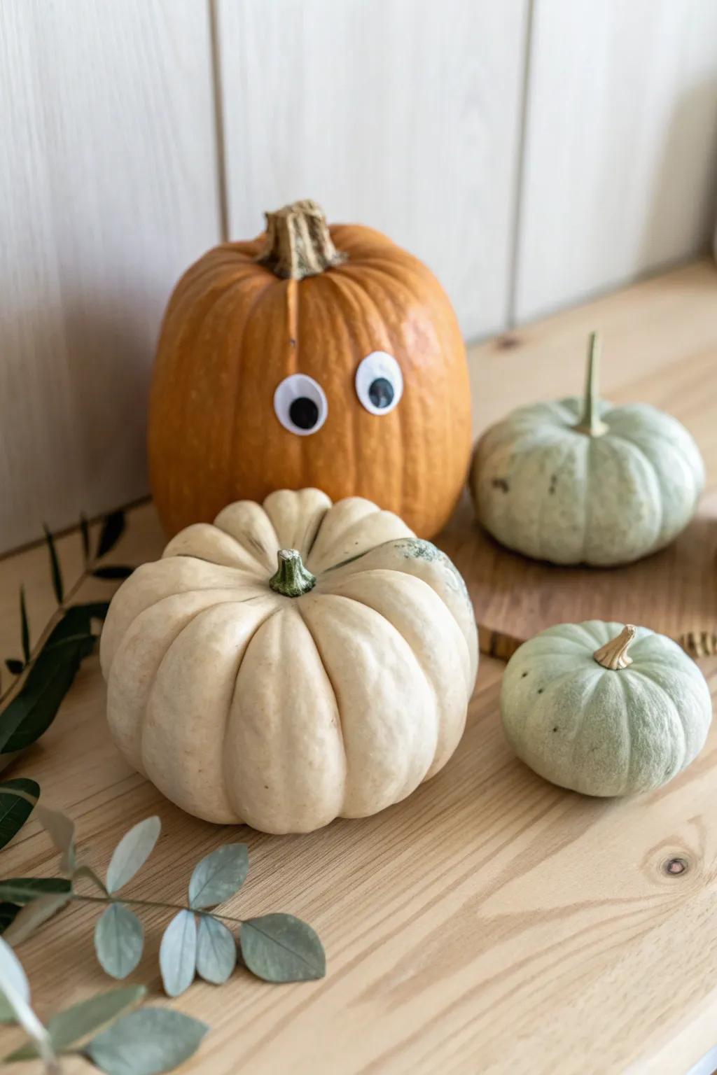 Charming and quirky: Embrace autumn with a googly-eyed pumpkin display!