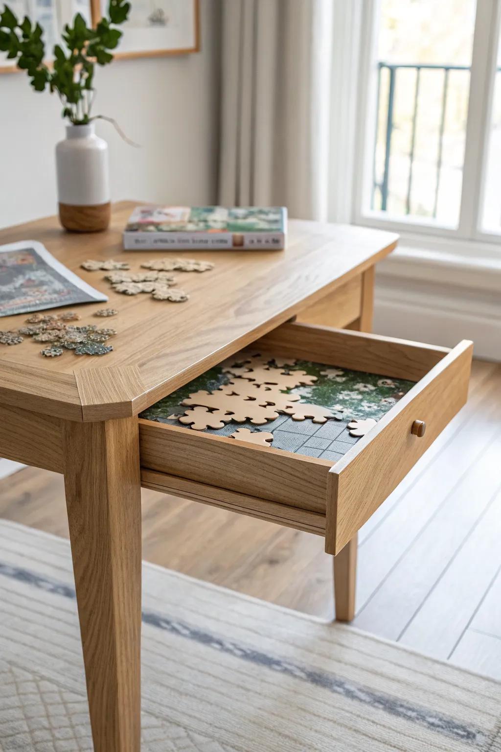 A pull-out tray puzzle table that tucks away your work fast—perfect for small-space living.