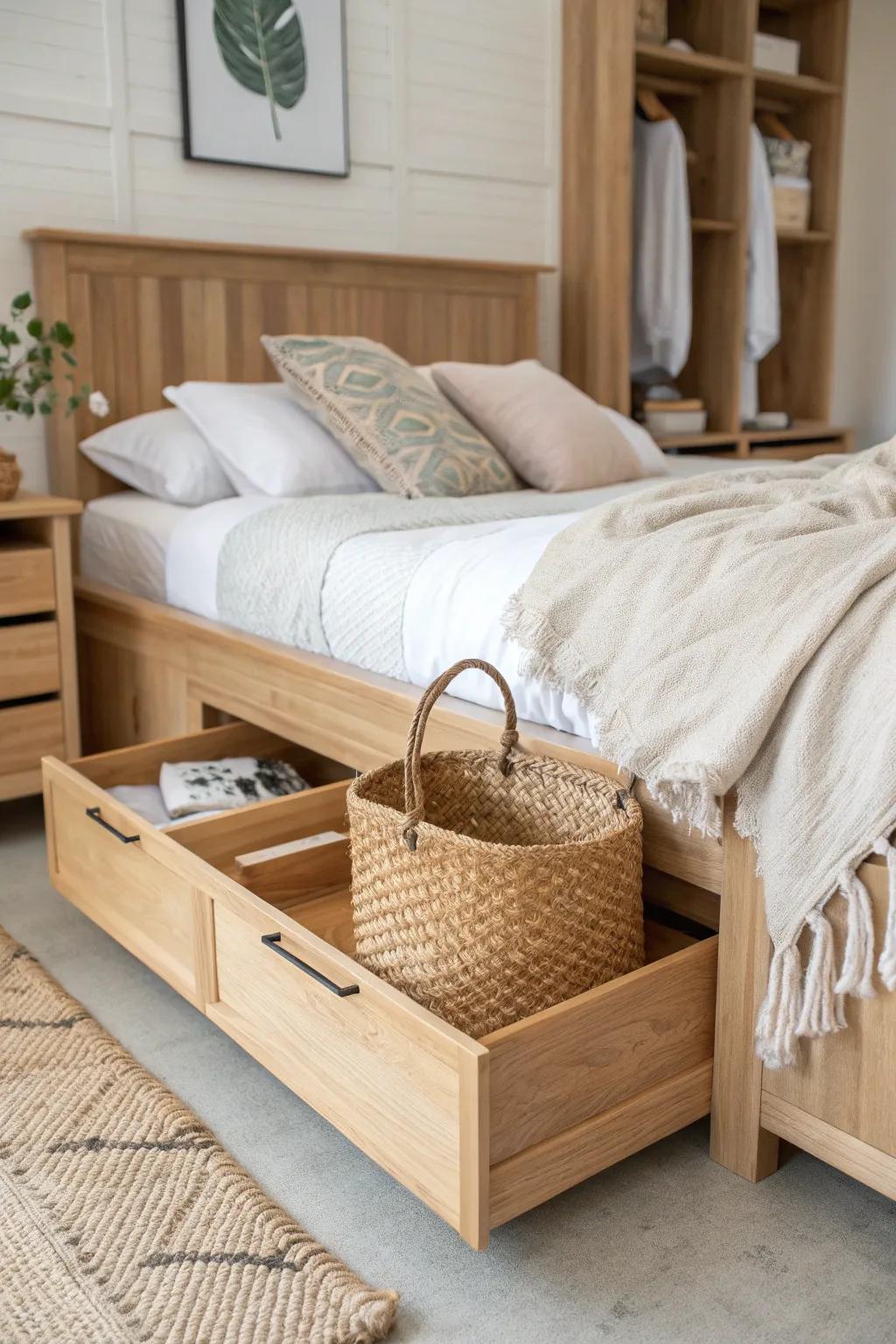 Open cubbies along the rails keep baskets handy—beautiful, cozy queen bed storage.