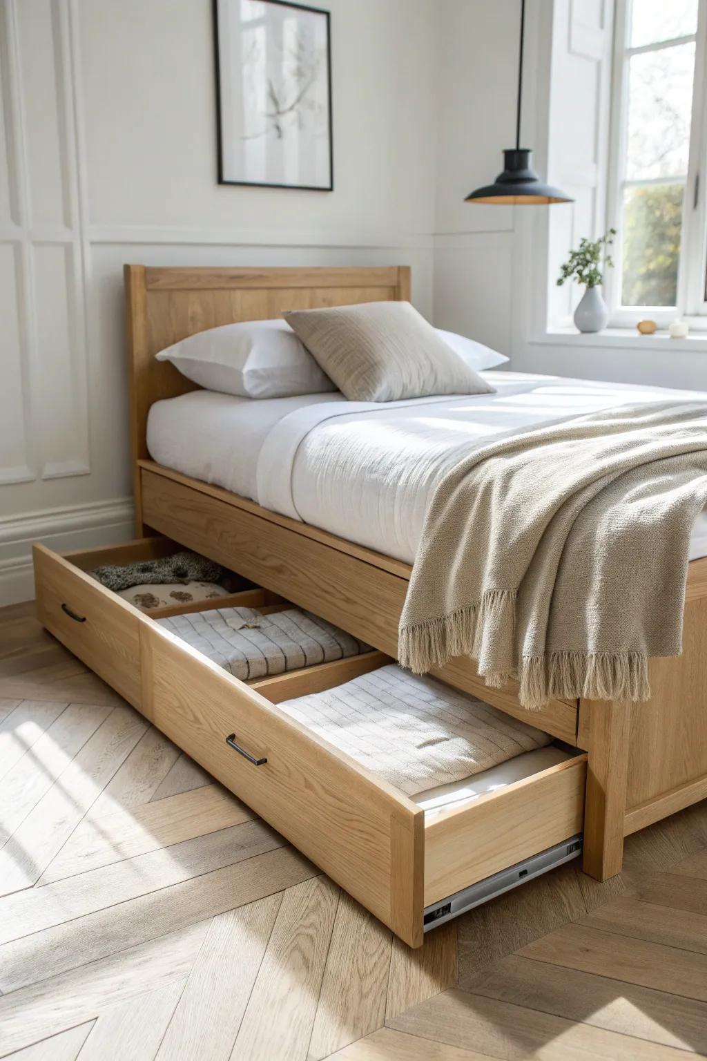 A queen daybed base with deep oak drawers—minimal, bright, and made for everyday storage.