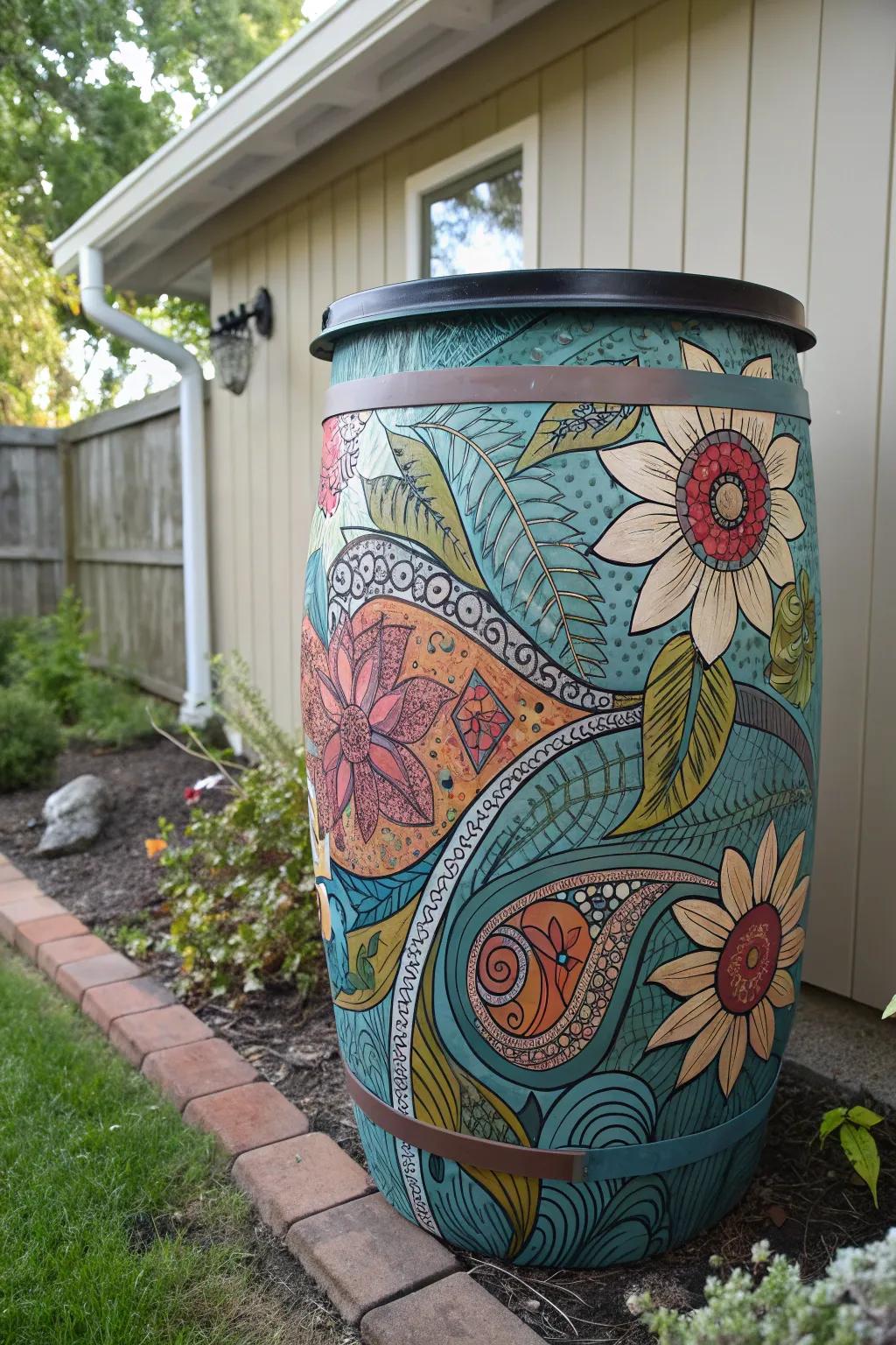 Celebrate creativity and community with this stunning rain barrel masterpiece—where art meets nature in perfect harmony.