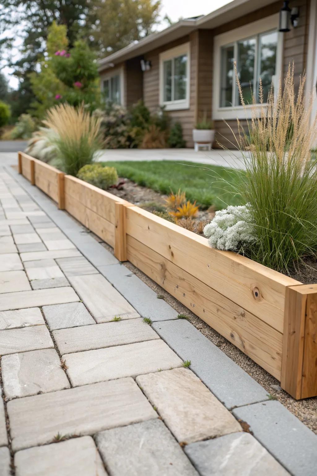 A clean cedar border and paver edge instantly makes the front walkway feel polished.