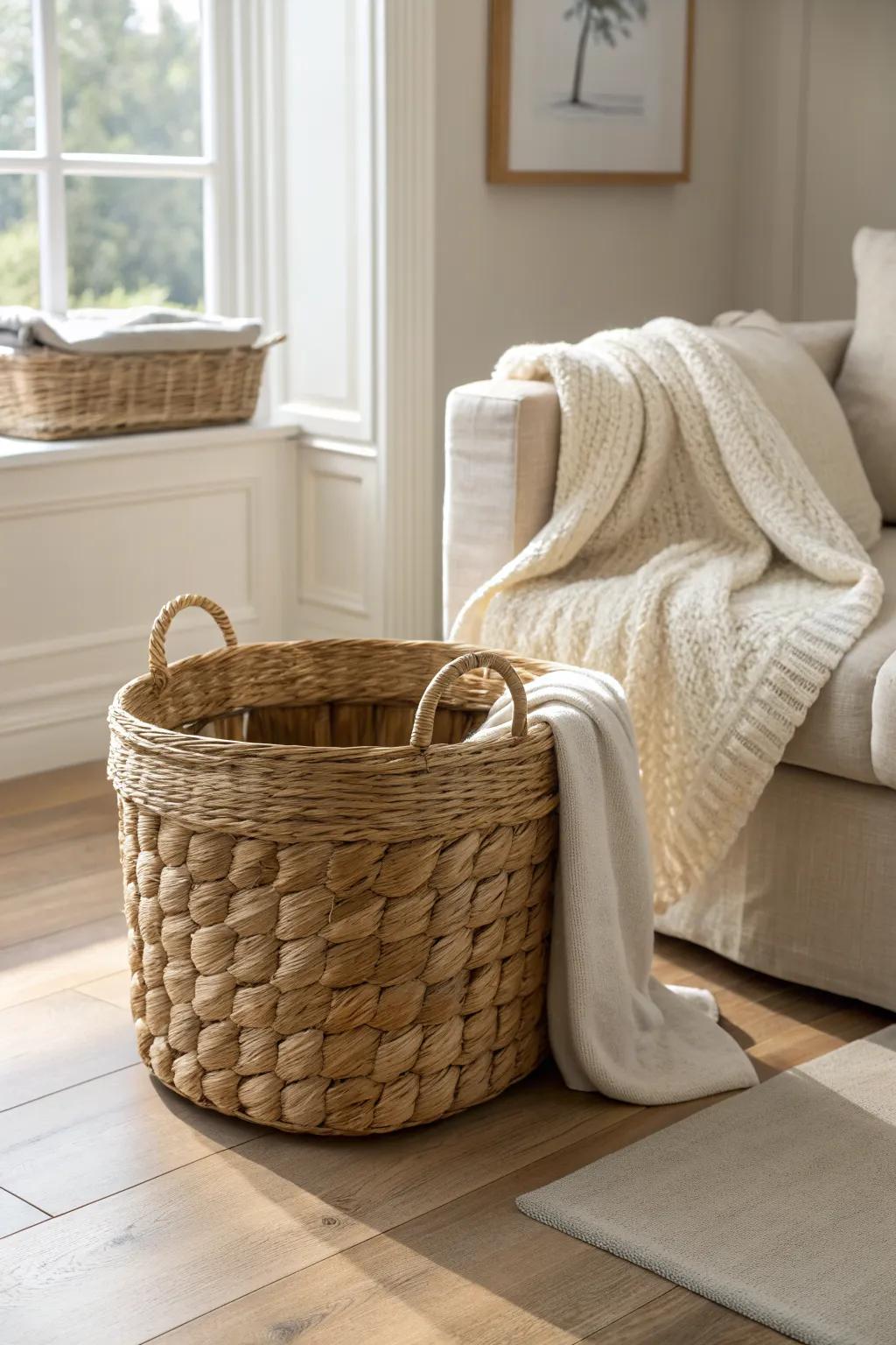 A tight-weave rattan basket keeps chunky throws tidy—calm, cozy, and beautifully minimal.
