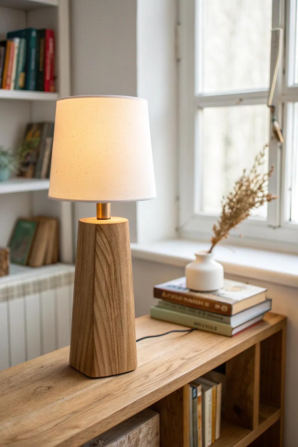 Soft warm glow on a handmade wood lamp riser—perfect for a cozy classroom reading corner.
