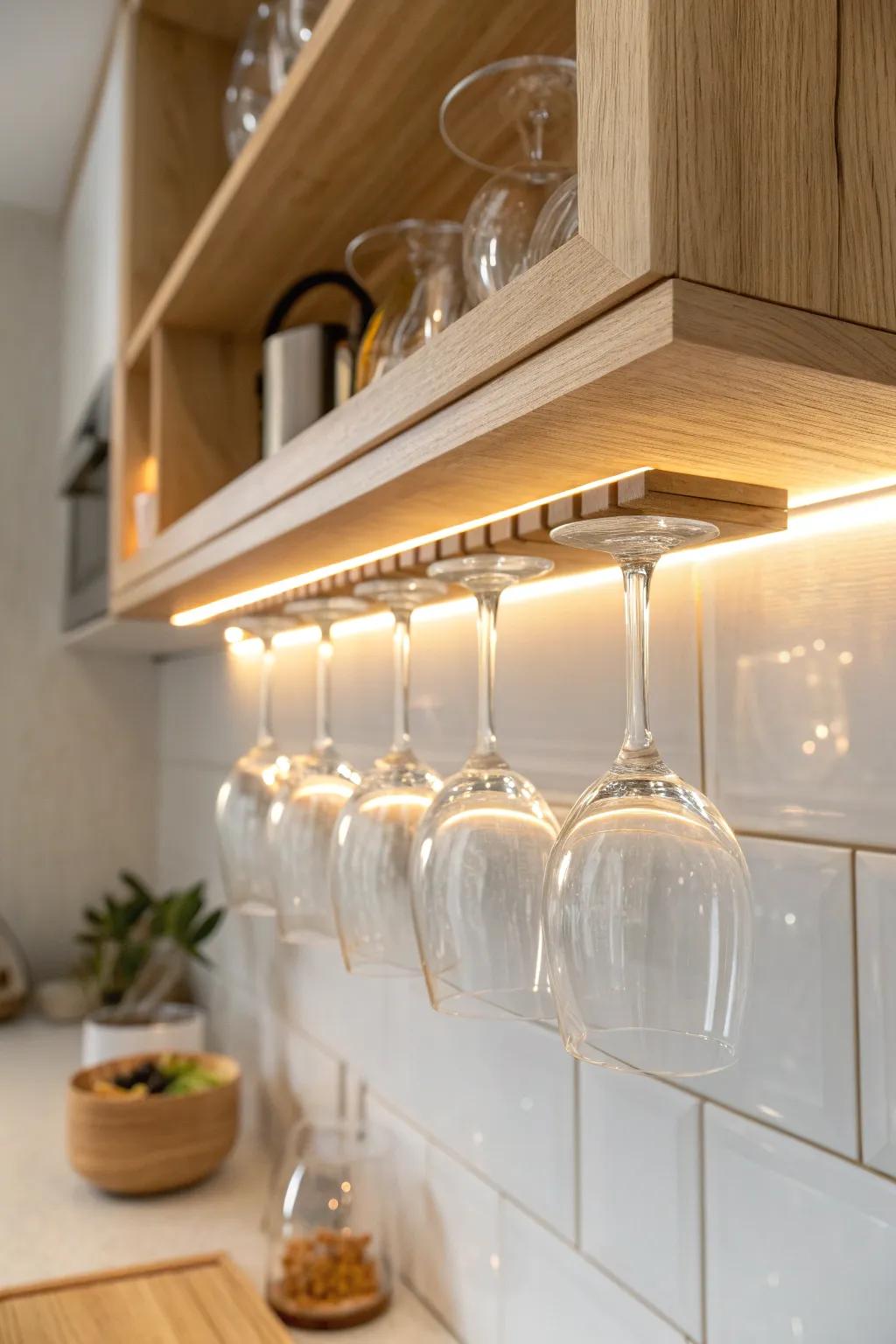 Warm under-cabinet lighting makes this wooden stemware rack glow like a cozy lounge.