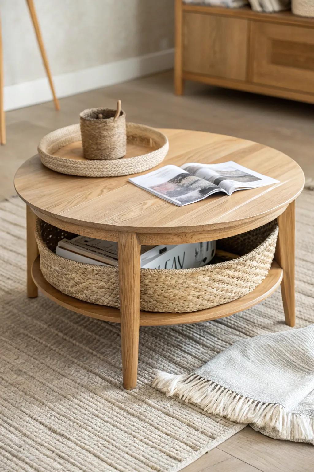 Minimal oak lift-top coffee table—hidden storage keeps reception spaces calm and clutter-free.