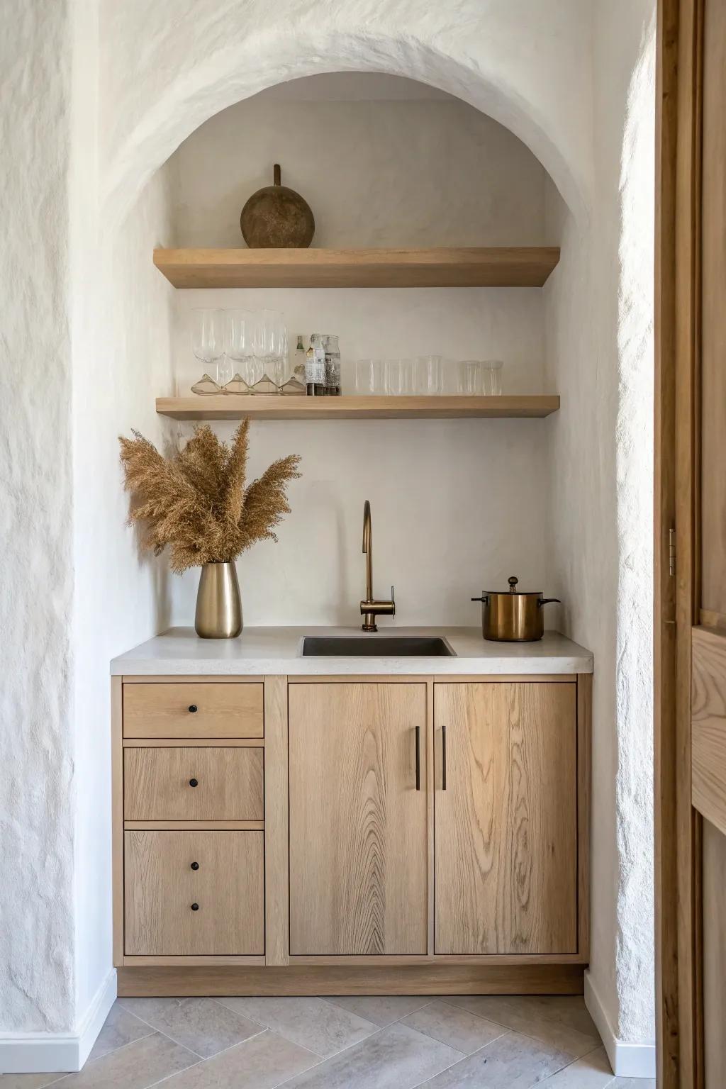 A recessed wet bar with a petite brass sink—minimal, warm, and beautifully practical.