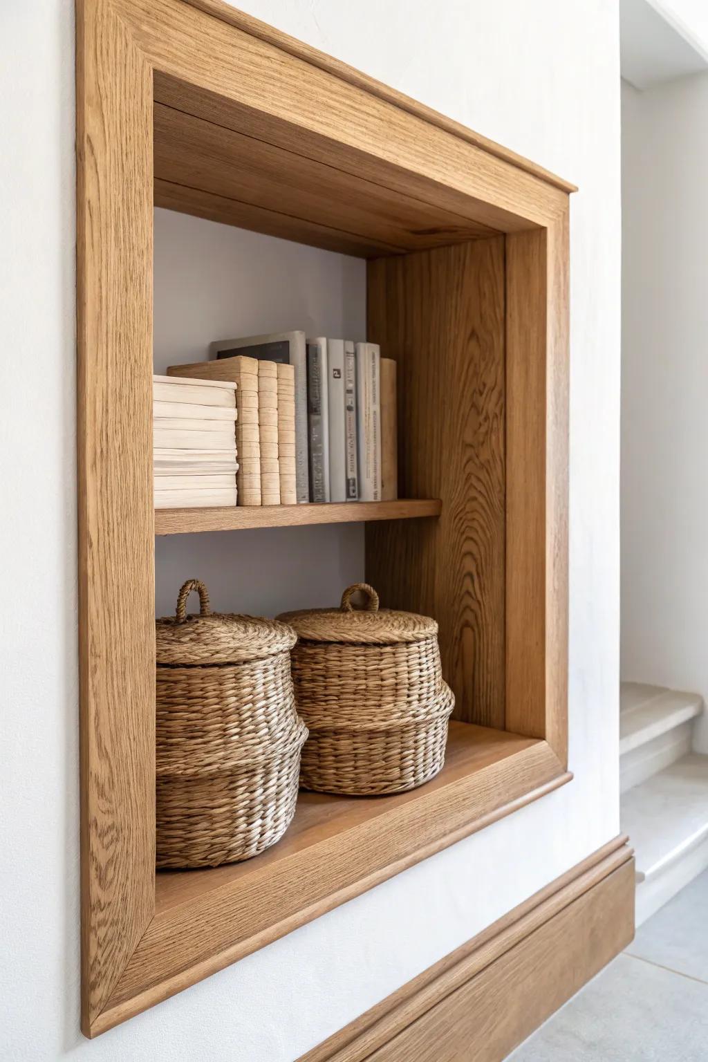 Deep recessed nook: oak shelf with books and woven baskets—clean, calm, clutter-ready.