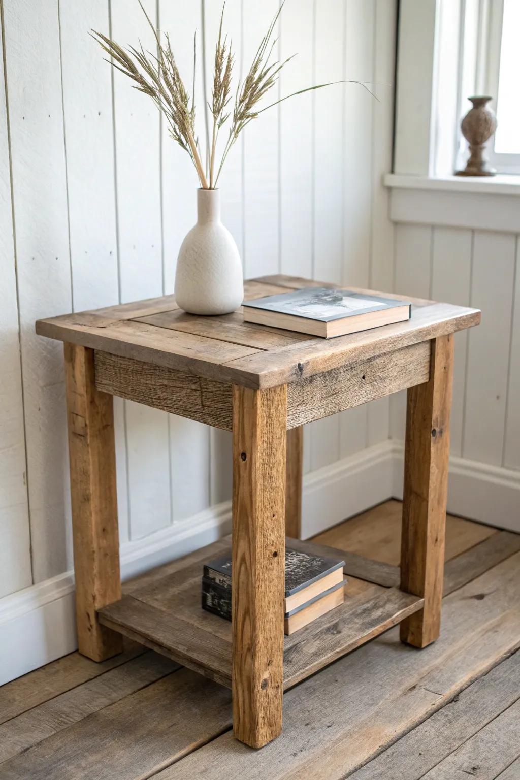 Reclaimed wood end table with shelf—rustic texture, clean lines, and cozy Scandinavian calm.