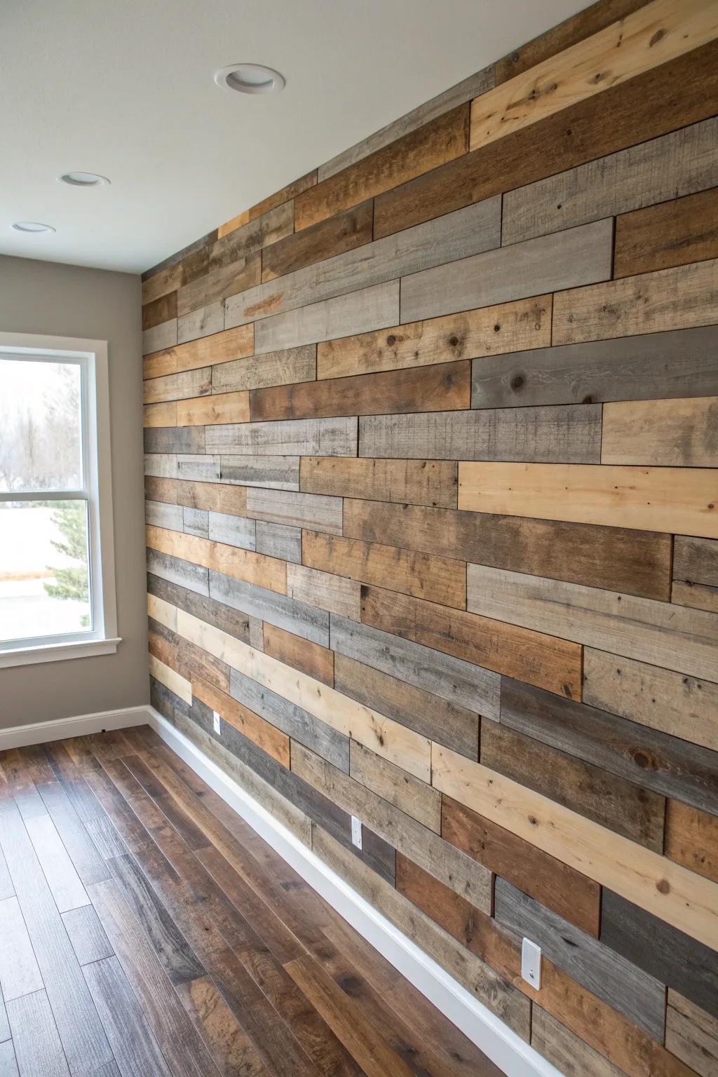 A quilt-like reclaimed wood patchwork wall in gray, honey, and walnut—art all on its own.