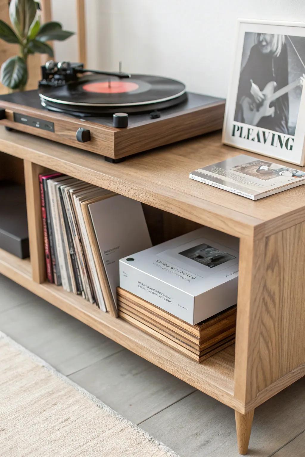 A sleek oak record stand with a built-in “now playing” ledge—simple, smart, and beautiful.