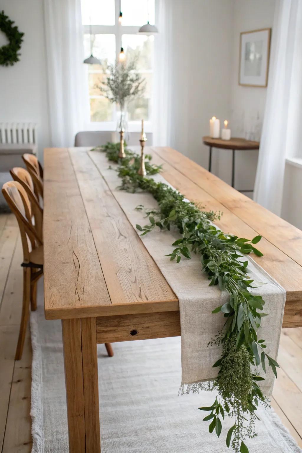A simple greenery garland down the center softens a rectangular table with effortless charm.