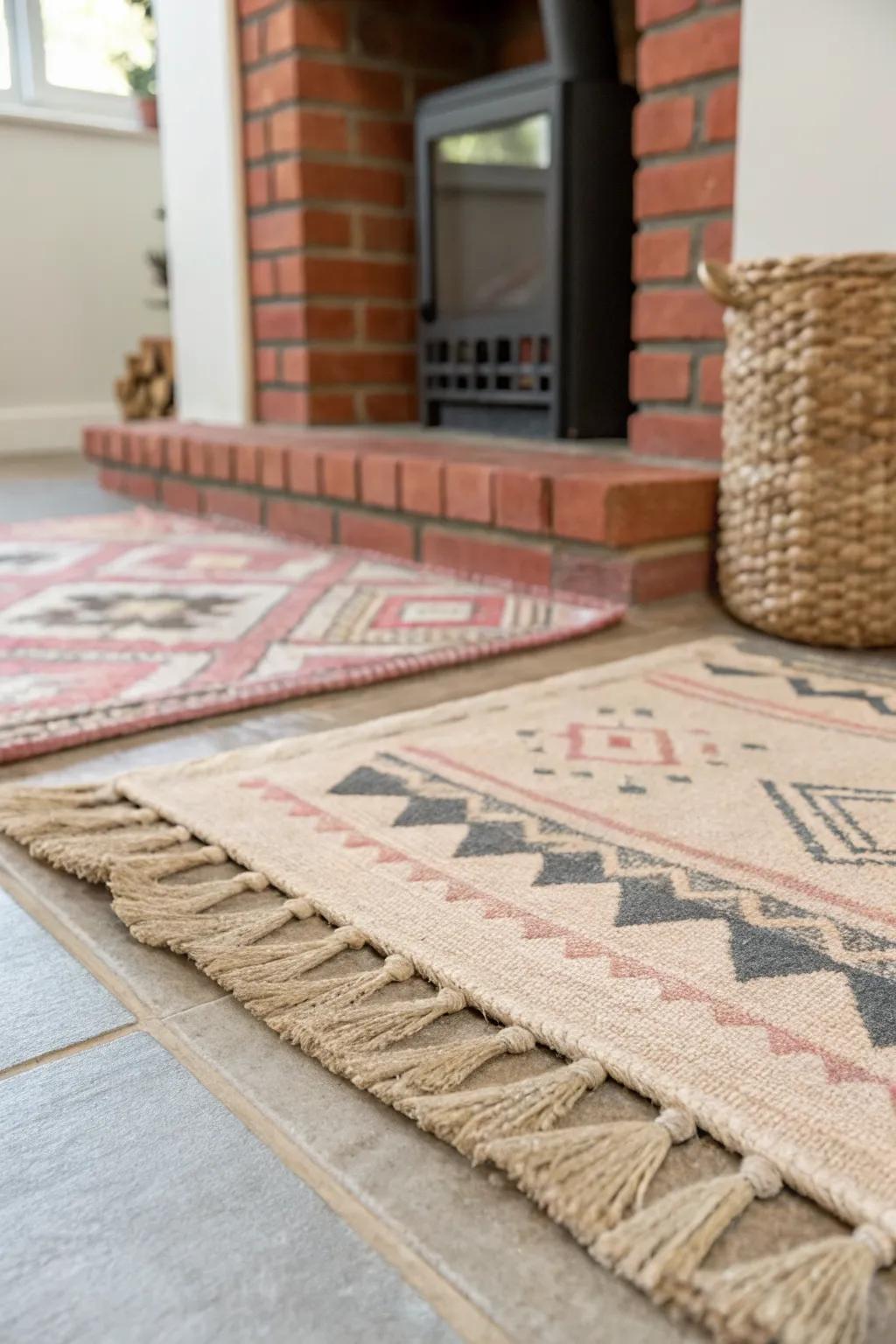 Layer a jute base rug with a soft patterned topper to instantly soften a red brick fireplace.