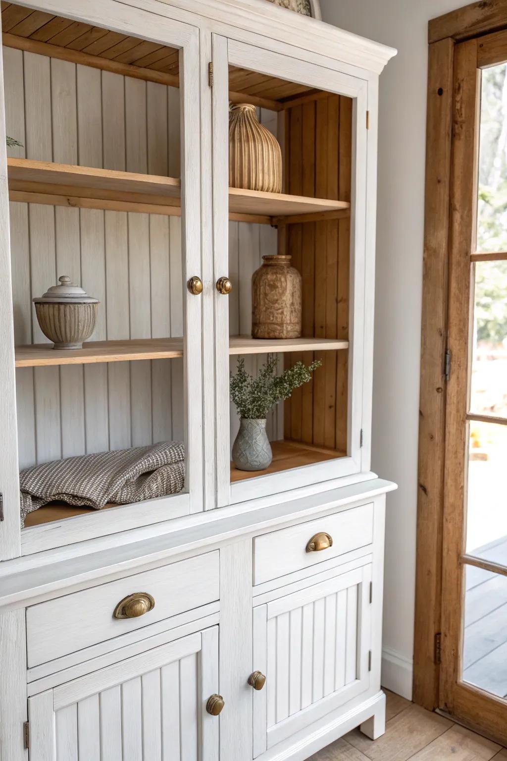Beadboard backing adds farmhouse depth and texture—an easy china cabinet redo with big impact.