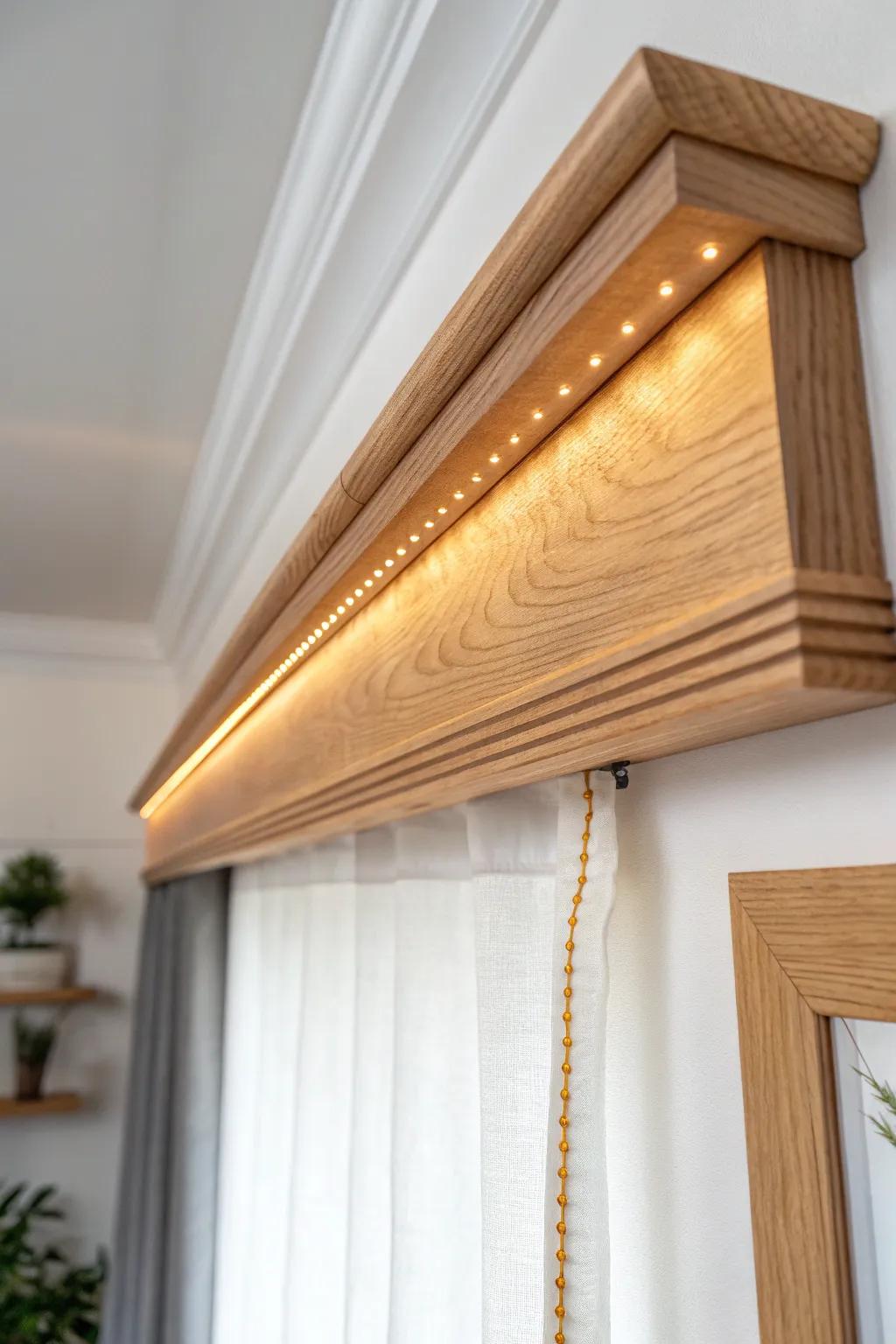 Warm LED glow tucked behind a handcrafted wood valance for an inviting, door-free closet.