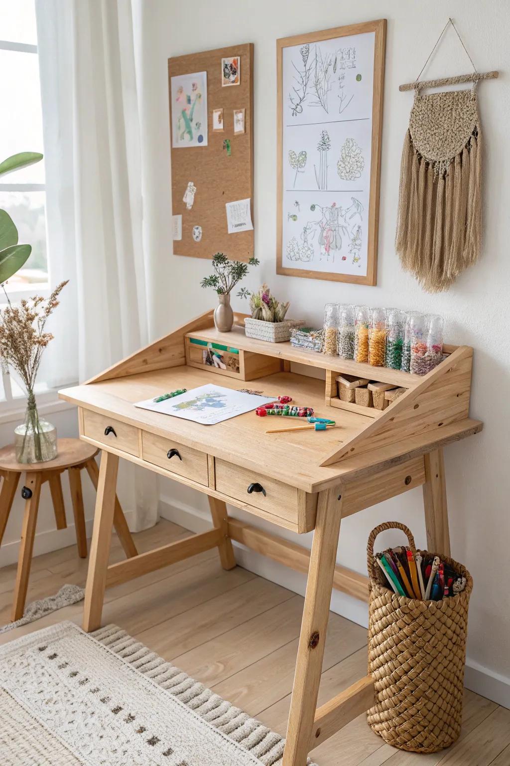 Transform a simple desk into a vibrant kids' art station, where creativity meets minimalist design.