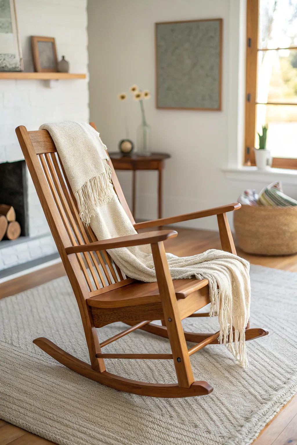 Let your rocker shine—echo its warm wood tone in nearby pieces for a cohesive living room.