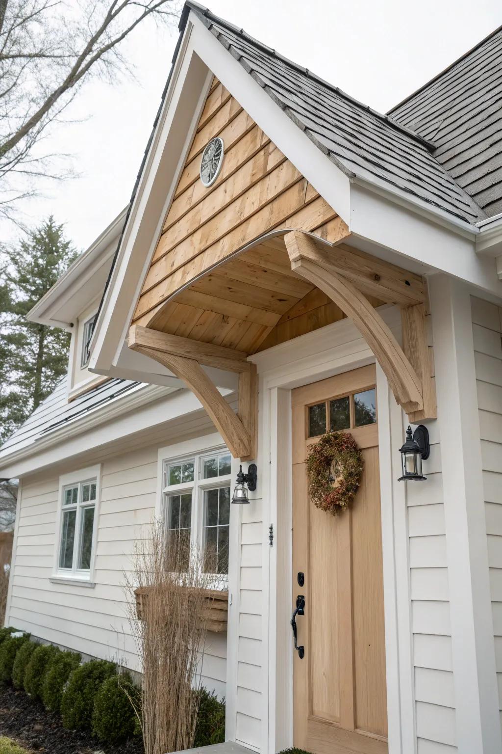 Match shingles and trim to make a door roof look original—minimal, warm, seamless.