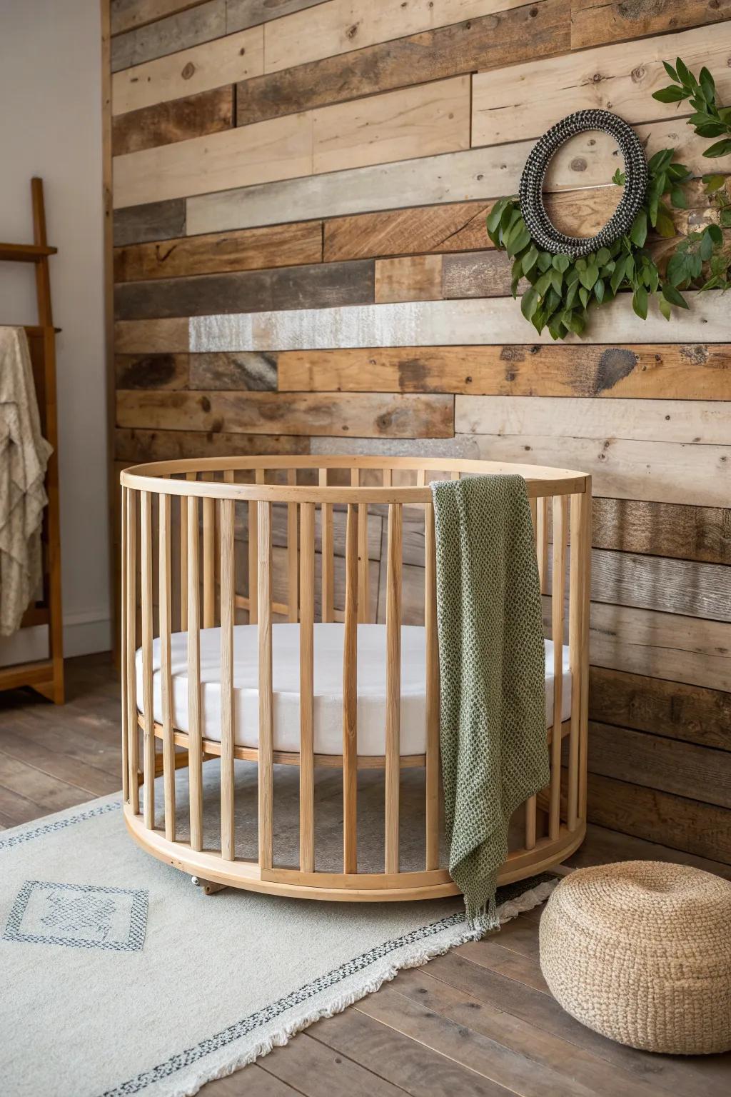 Woodland cabin nursery: a round oak crib against reclaimed wood and mossy green accents.