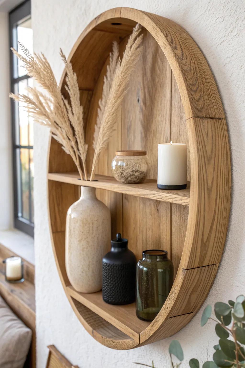 Style your round shelf with three tones—cream, sage, and black—for instant harmony.