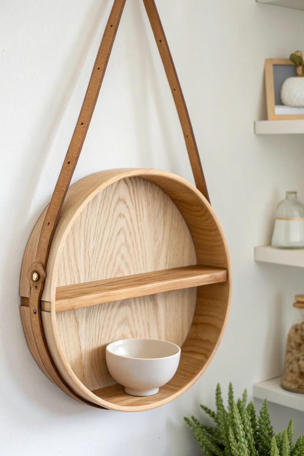 Warm leather straps meet light oak: a minimalist round shelf that elevates any hallway.