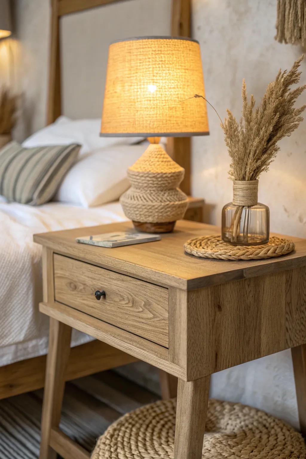 Warm, dim bedside lamps on both sides create an intimate rustic glow for couples.