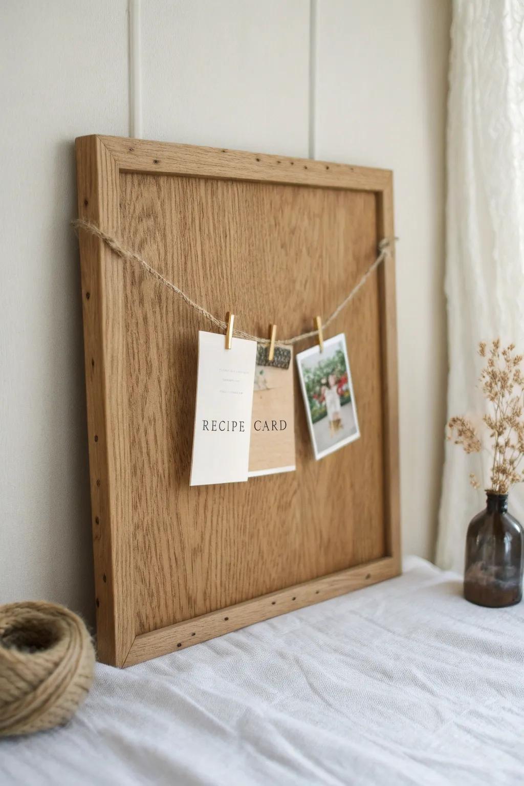 A simple twine-and-clothespin row for recipes, notes, and kid art—rustic and refined.