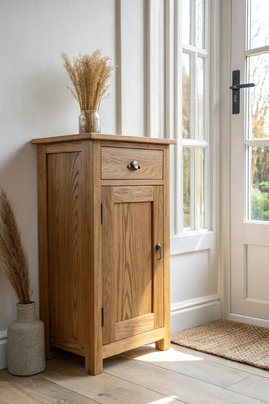 Wire-brushed oak door: grain-forward texture with a warm oil finish for rustic minimal charm.