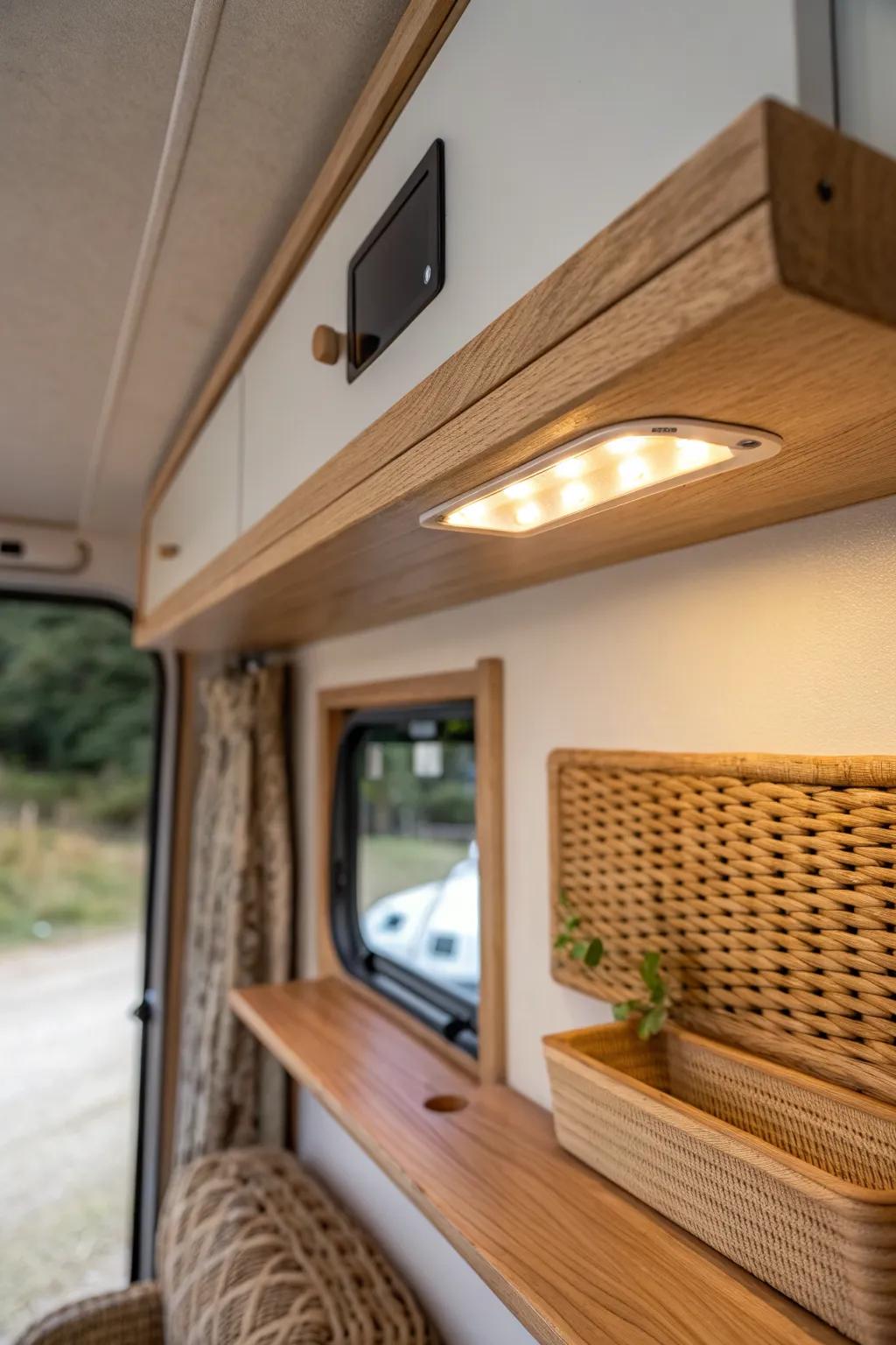 Warm puck lights under a handmade wood shelf: the quickest rustic camper glow-up ever.