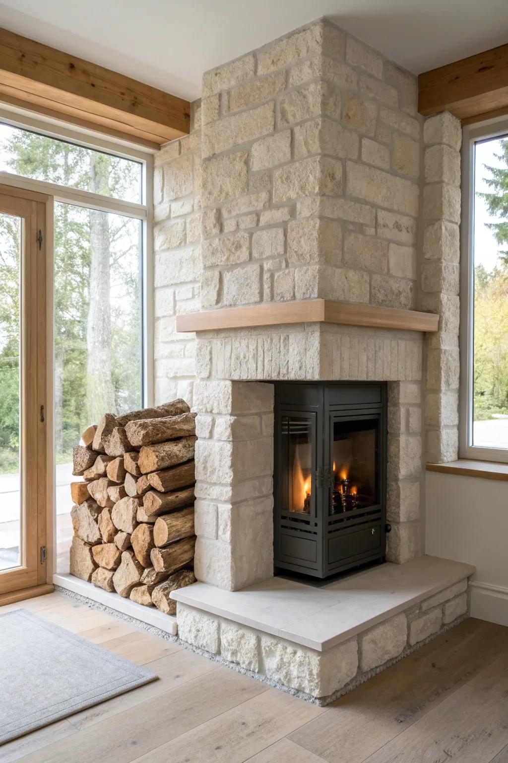 Scandi stone corner fireplace with tidy wood cubbies—rustic warmth, minimal and chic.