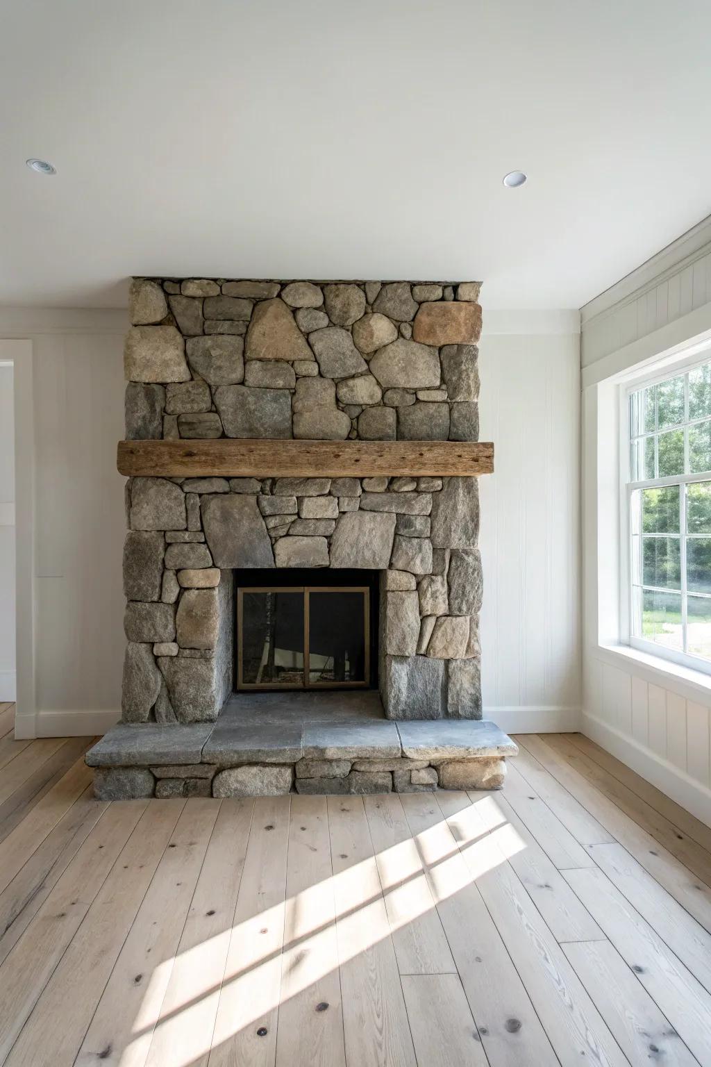 A rugged stone fireplace + reclaimed-wood mantel turns any bedroom into a cozy lodge.
