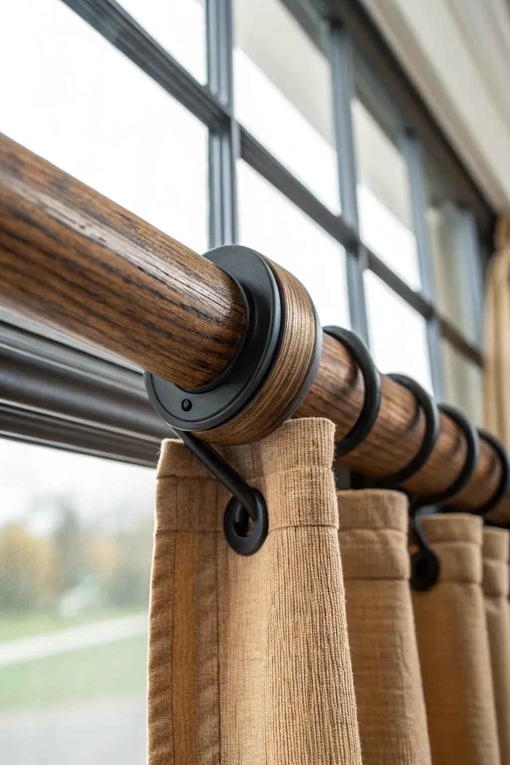 Thick rustic wood curtain rod with a centered support bracket—sturdy, timeless, and beautiful.