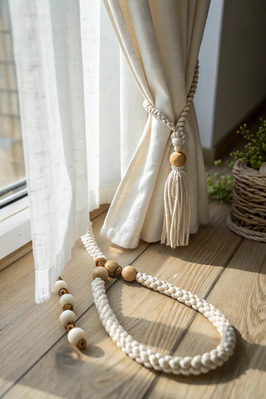 Soft macramé knots and warm wooden beads for an easy boho-rustic curtain tie-back.
