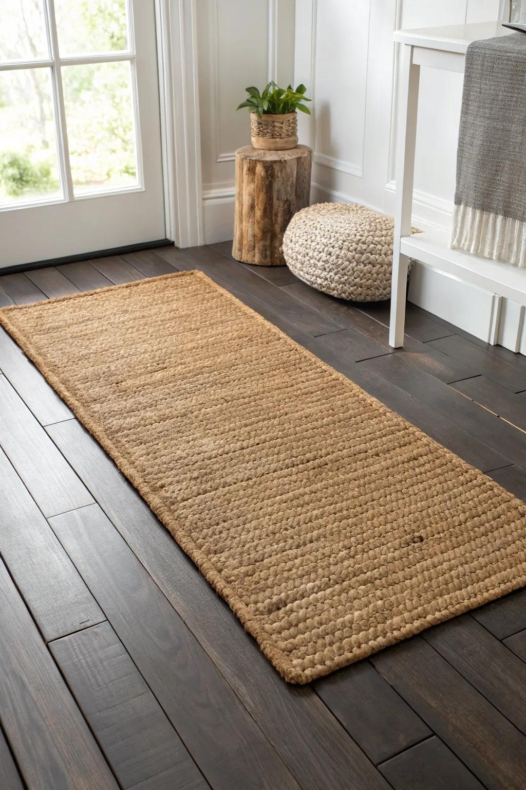 Ground your den with a handwoven jute rug—simple texture that instantly feels warm and rustic.