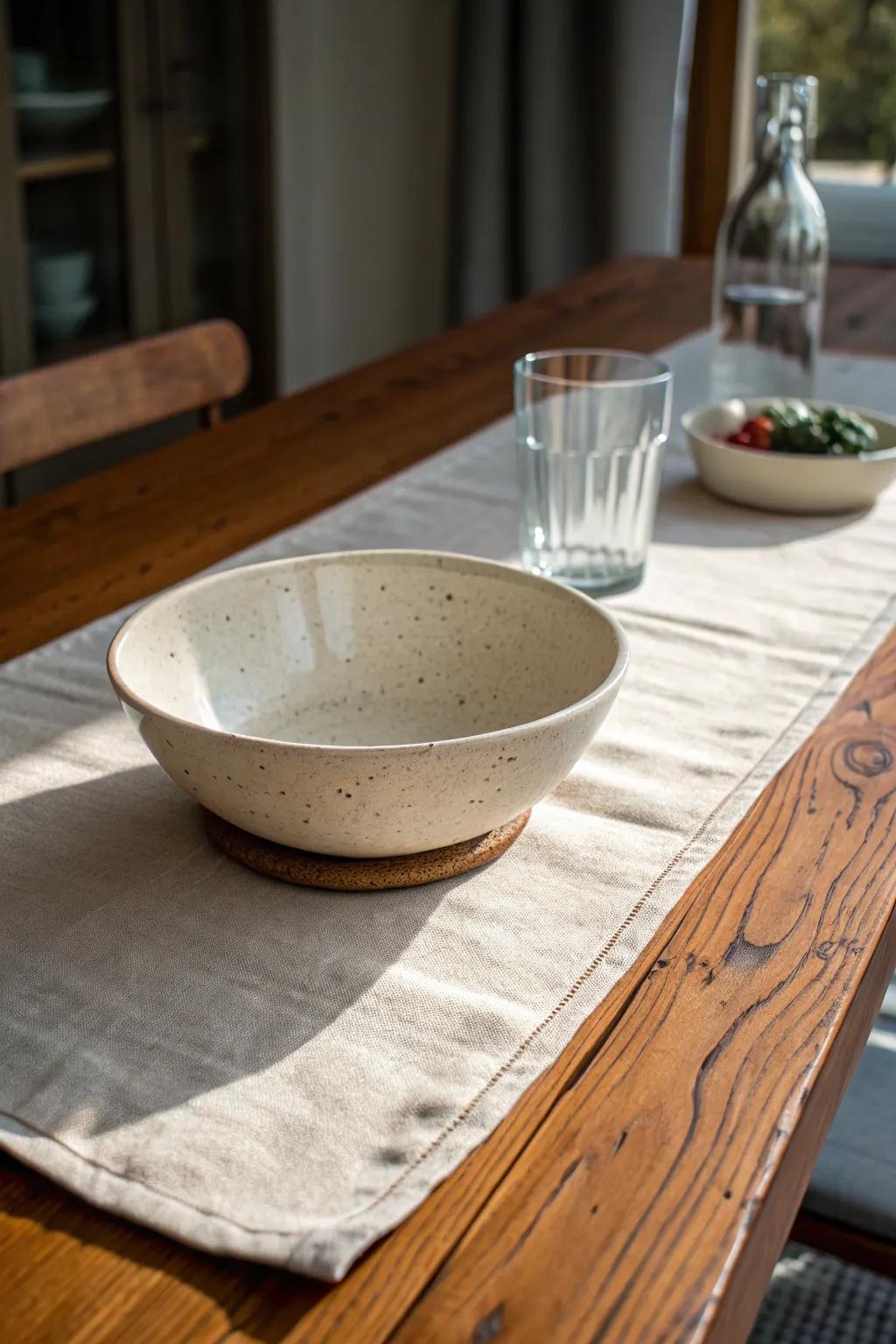 Neutral linen runner on warm wood, styled with handmade pottery for effortless rustic charm.