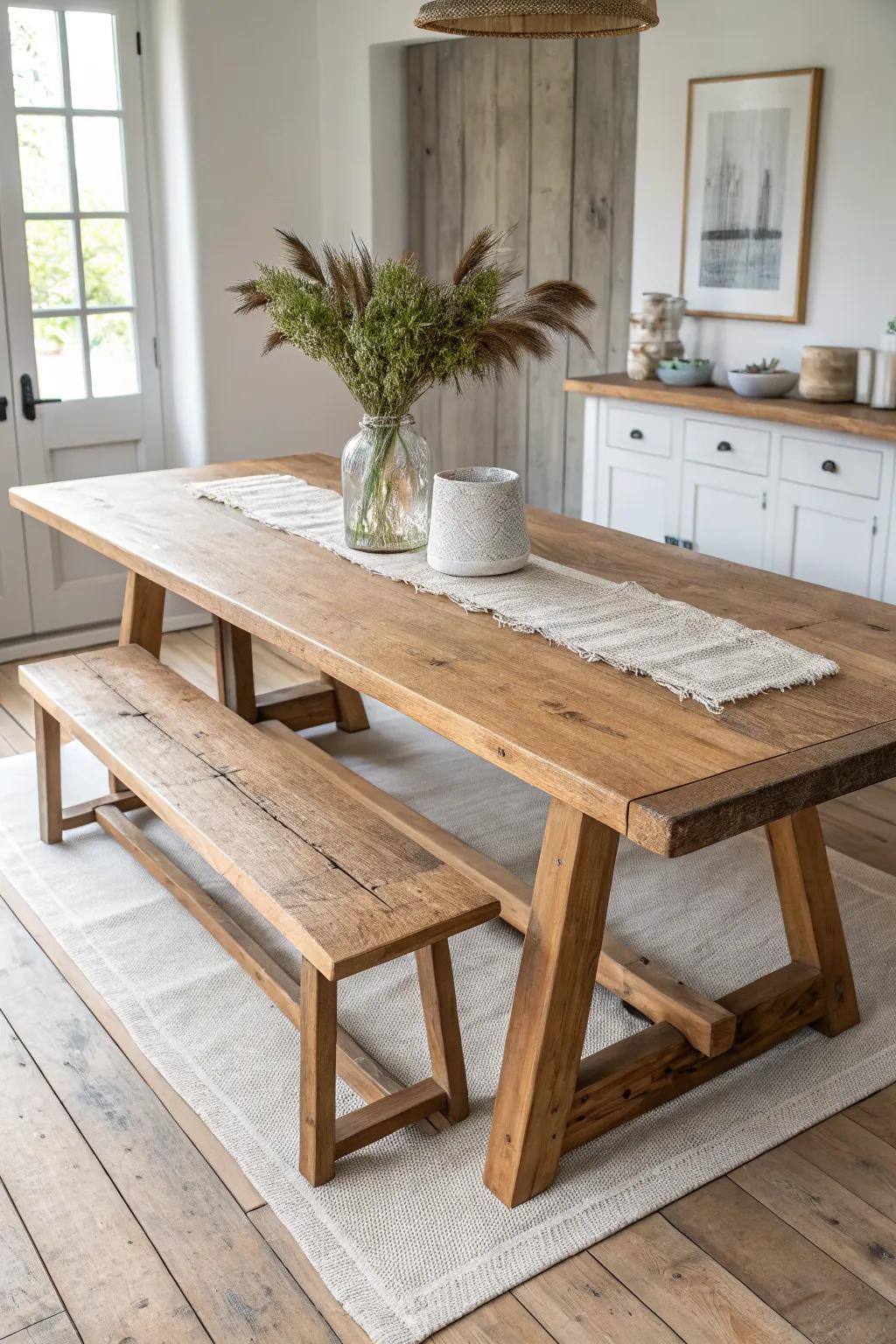 Rustic harvest table + matching bench for cozy shared meals—minimal, warm, and handcrafted.
