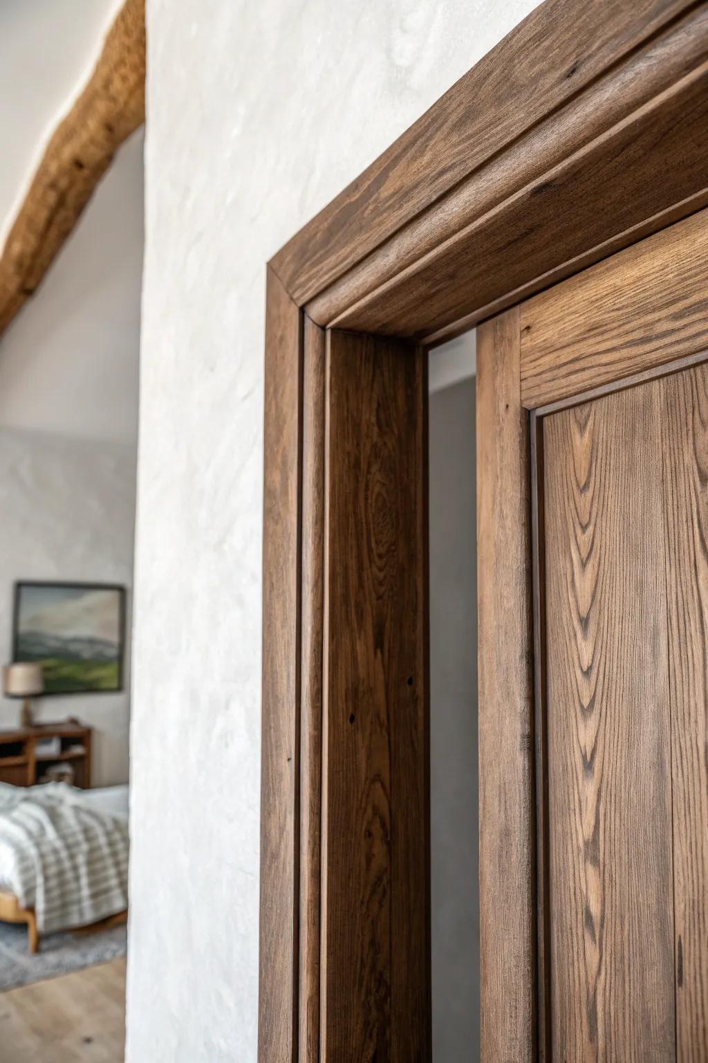 Dark-stained rustic trim on pale walls—simple contrast that turns the doorway into a focal point.