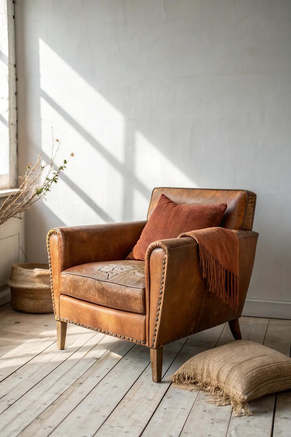Warm brown leather-style seating adds rustic depth to terracotta, olive, and creamy neutrals.