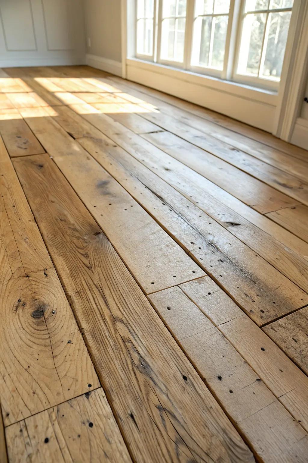 Mixed-width rustic planks bring old-home charm—each board tells a quiet, handcrafted story.