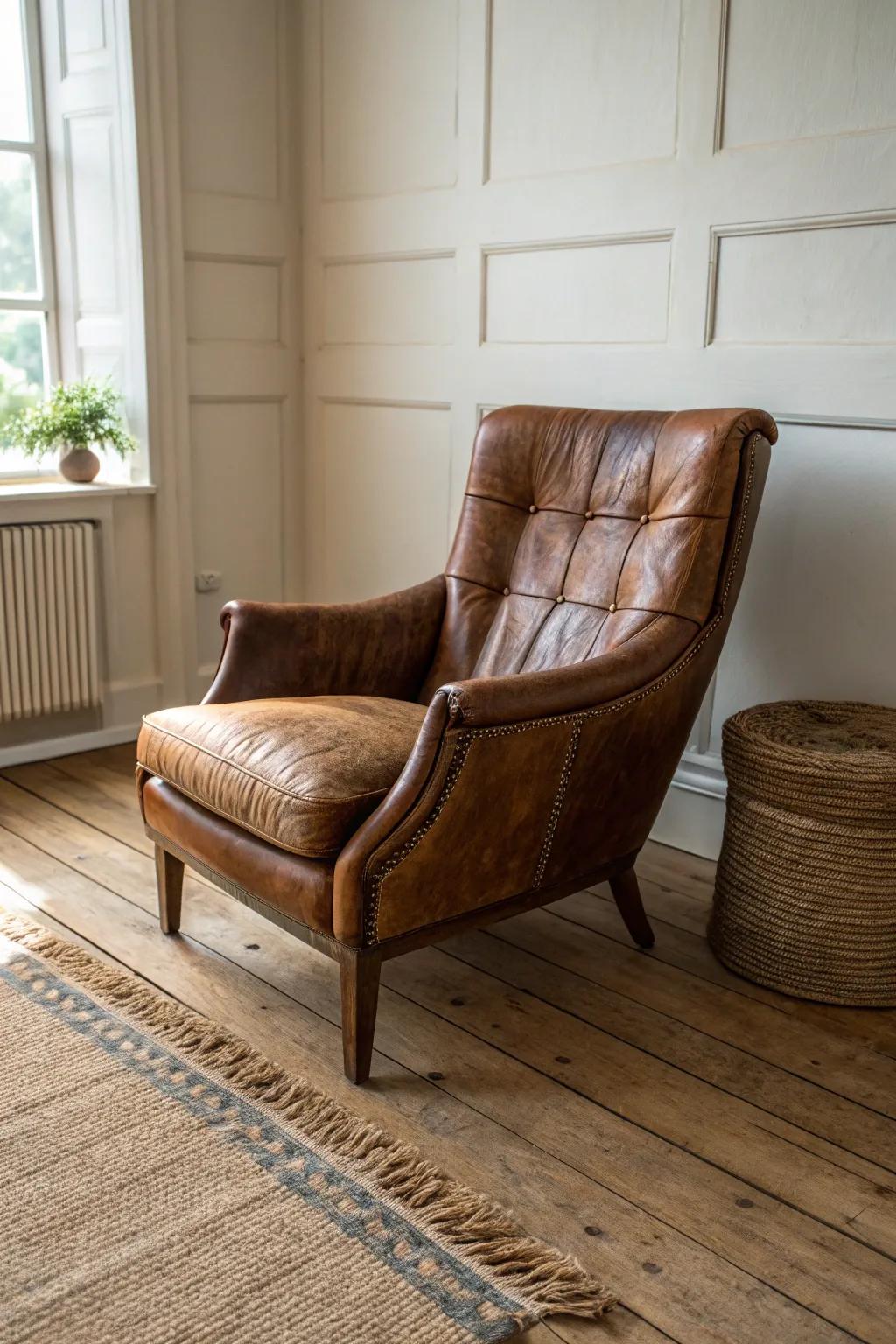 Brown leather-look lounge chair for a rustic game room retreat—minimal, warm, and inviting.