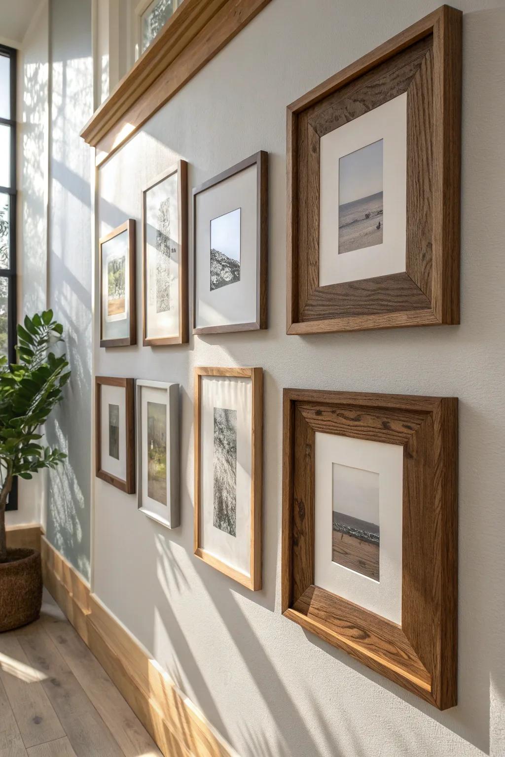Brown wood frames with muted grey prints—an effortless rustic gallery wall for cozy modern living.