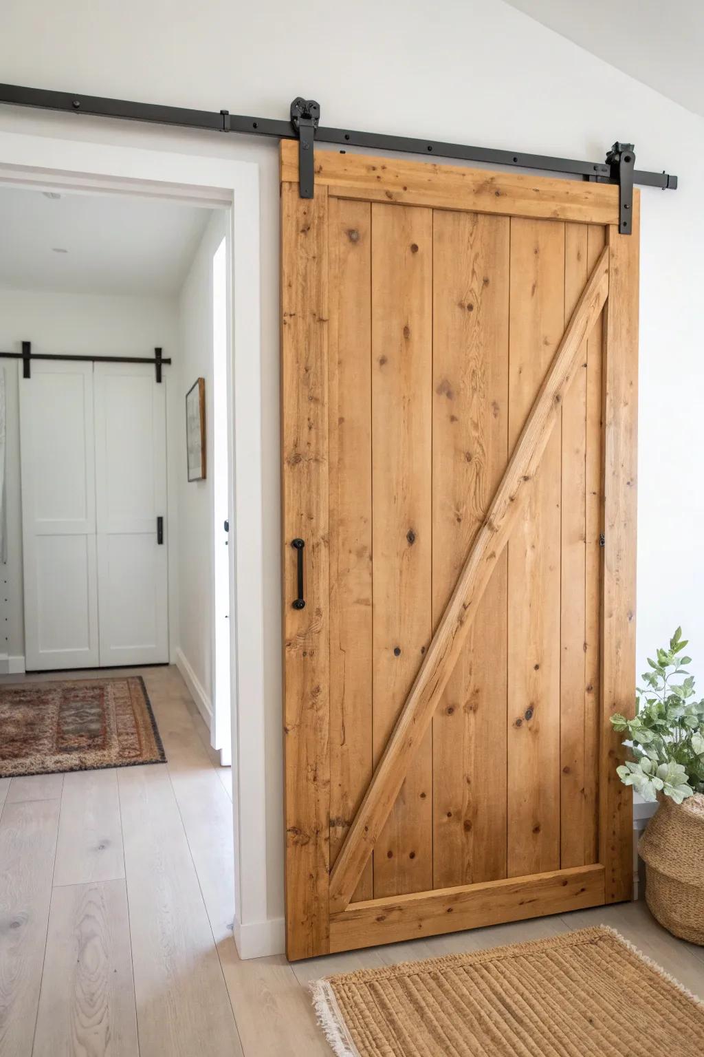 Rustic sliding barn door in a bright hallway—warm knotty wood, black rail, zero clutter.