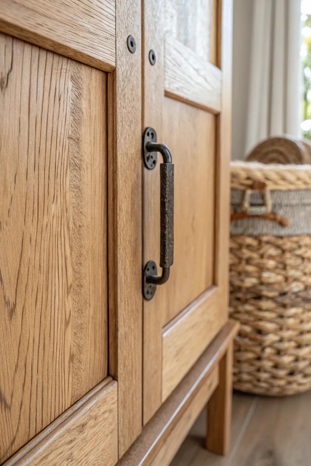 Weekend upgrade: matte black vintage hardware adds instant rustic charm to light wood cabinets.