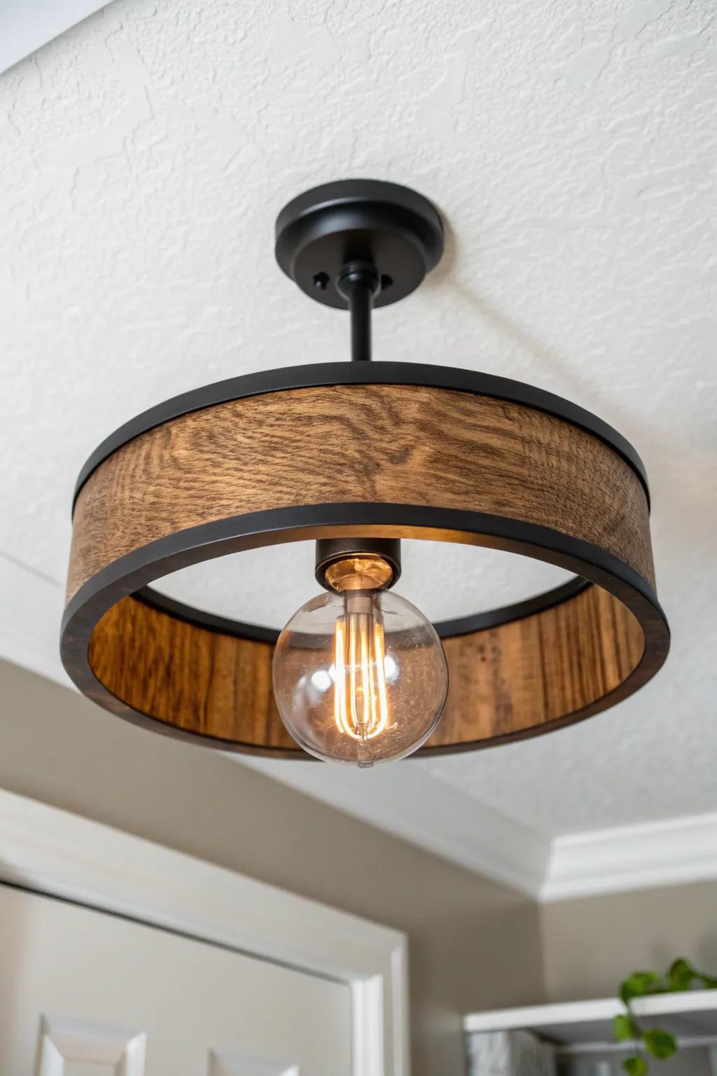 Rustic semi-flush mount: warm wood + matte black for low ceilings without clutter.