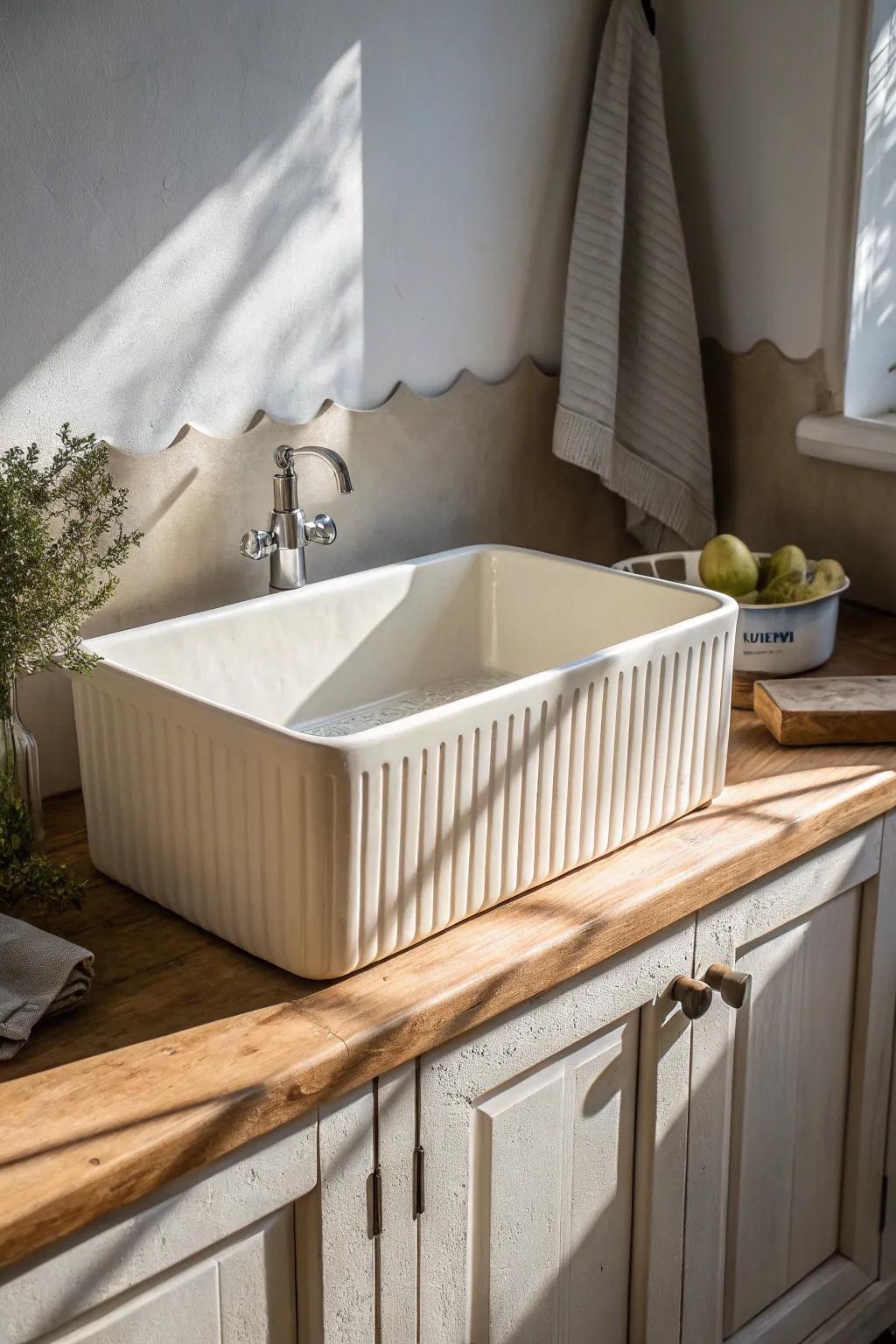Fluted apron-front farmhouse sink: vintage texture with clean Scandinavian simplicity.