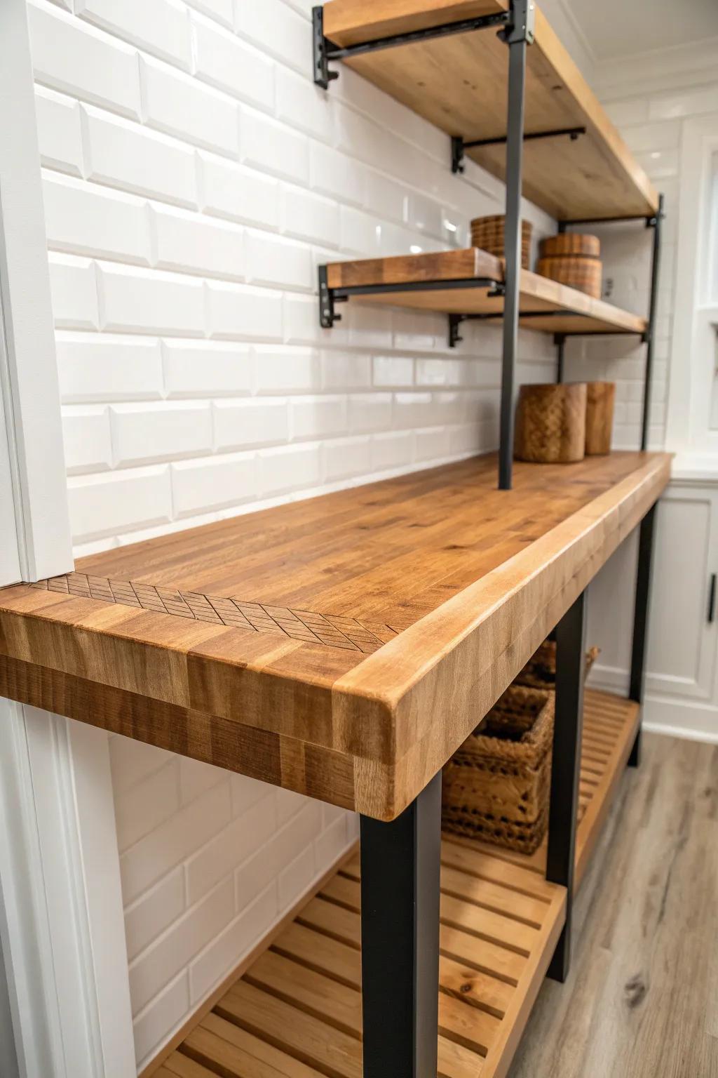 A sealed butcher block pantry counter—rustic function with Scandinavian calm and warm boho charm.