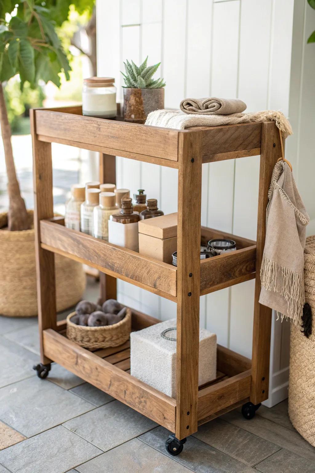 A rolling rustic wood cart that turns any corner into a movable, curated merch moment.